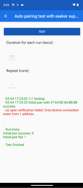 The app shows the only receive connection event from 1 address error in the Auto Pairing and Auto Subsequent Pairing tests.