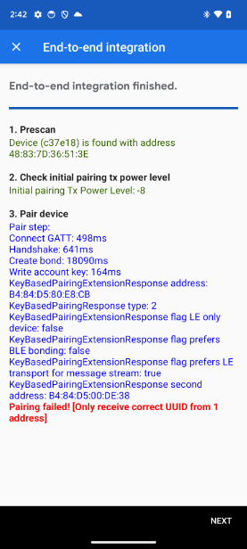 The app shows the only receive 1 UUID error in the E2E Integration test.