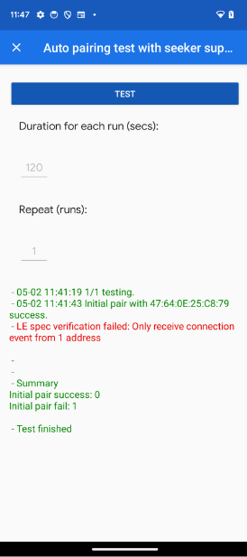 The app shows the only receive 1 UUID error in the Auto Pairing and Auto Subsequent Pairing tests.