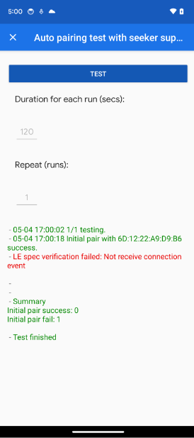O app mostra um erro de estado nos testes de pareamento automático e de pareamento automático subsequente.