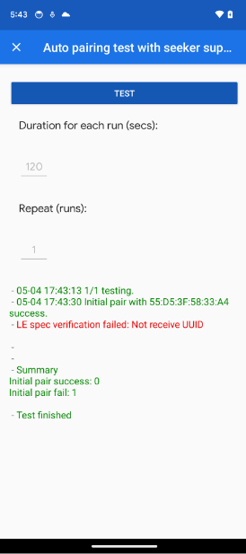 Приложение показывает ошибку UUID в тестах автоматического сопряжения и автоматического последующего сопряжения. The app shows a UUID error in the Auto Pairing and Auto Subsequent Pairing tests.