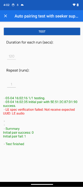 Приложение отображает непредвиденную ошибку UUID в тестах автоматического сопряжения и автоматического последующего сопряжения. The app shows the unexpected UUID error in the Auto Pairing and Auto Subsequent Pairing tests.