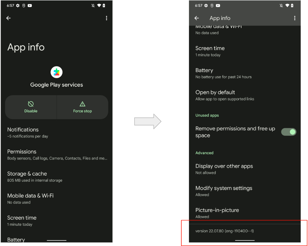 La version GMS est disponible sur la page d'informations de l'application pour les services Google Play.