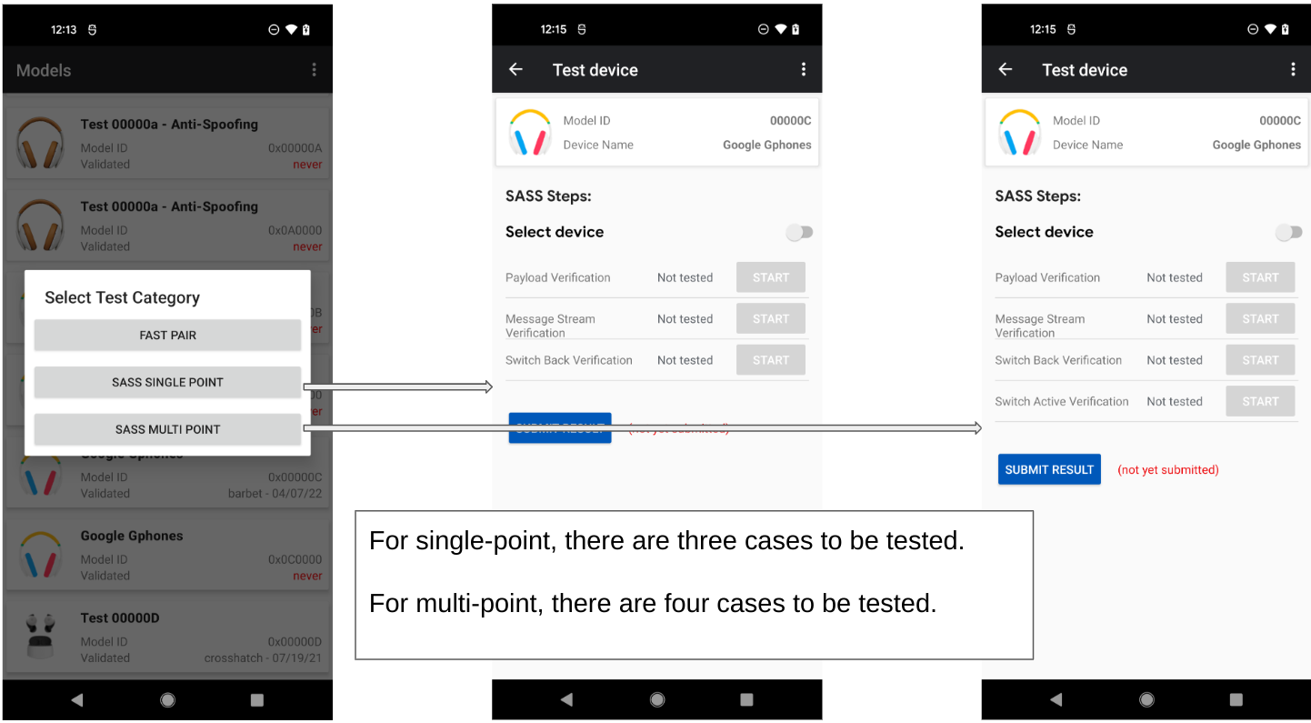 Figura 5: mostra come selezionare un dispositivo per i test e i tipi di test che può avere.