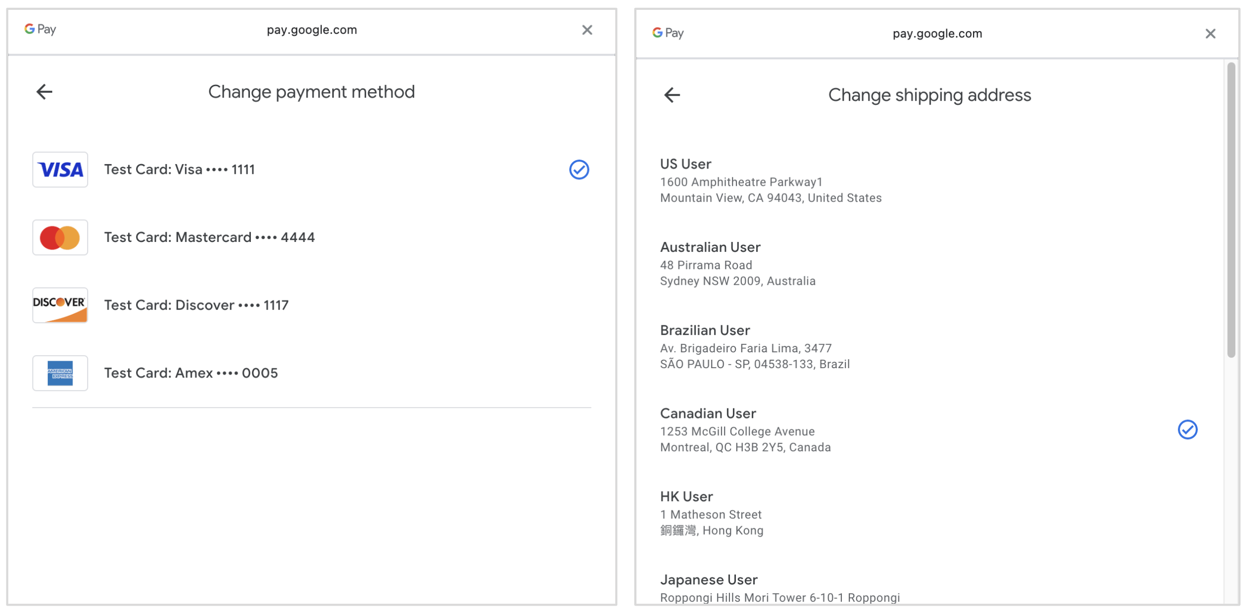 Test cards and shipping UI