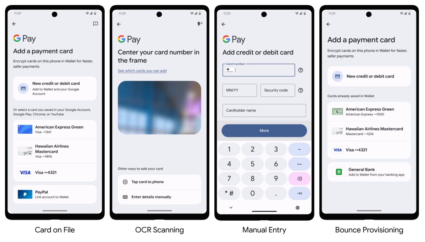 Três métodos diferentes para adicionar cartões ao Google Pay: cartão registrado, digitalização por OCR, inserção manual e provisionamento de rejeição