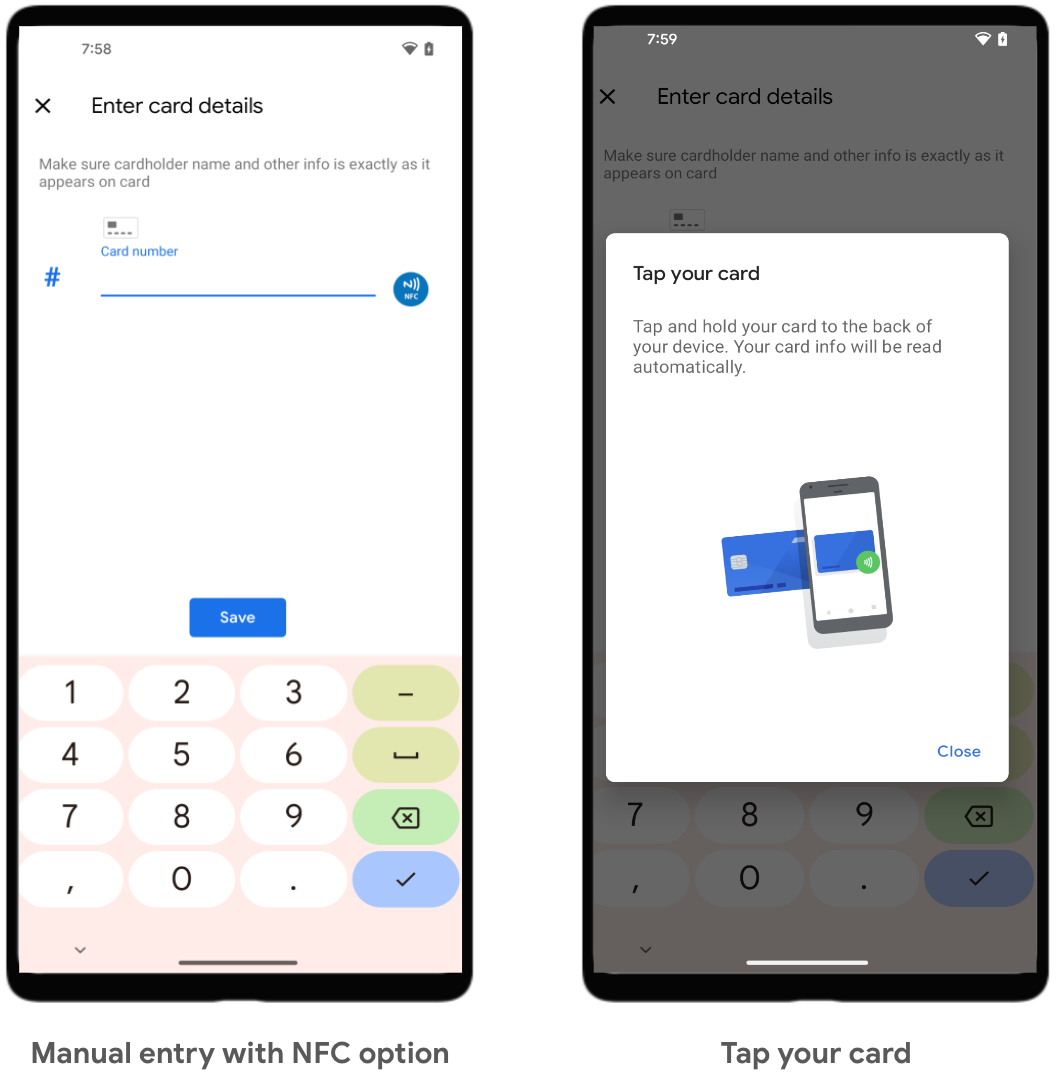 Adición de tarjetas de Google Pay con tres métodos diferentes: Acercar para asignar token