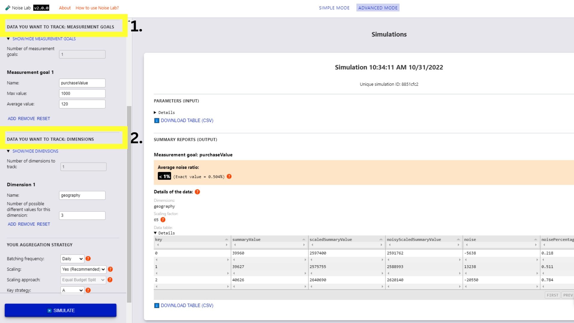 Mode lanjutan menawarkan kontrol untuk sasaran pengukuran dan dimensi yang akan dilacak, ditandai di sidebar.