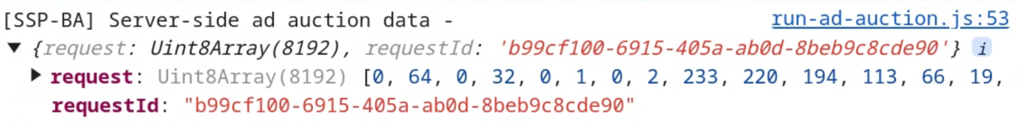 Chrome DevTools screenshot that shows request and request ID being available in the ad auction data