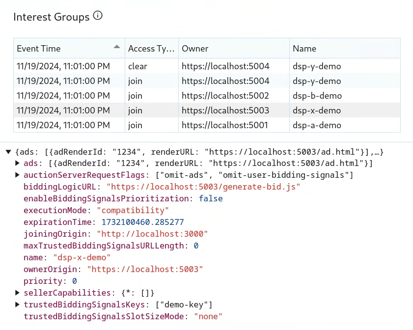 Uno screenshot dei gruppi di interesse in Chrome DevTools