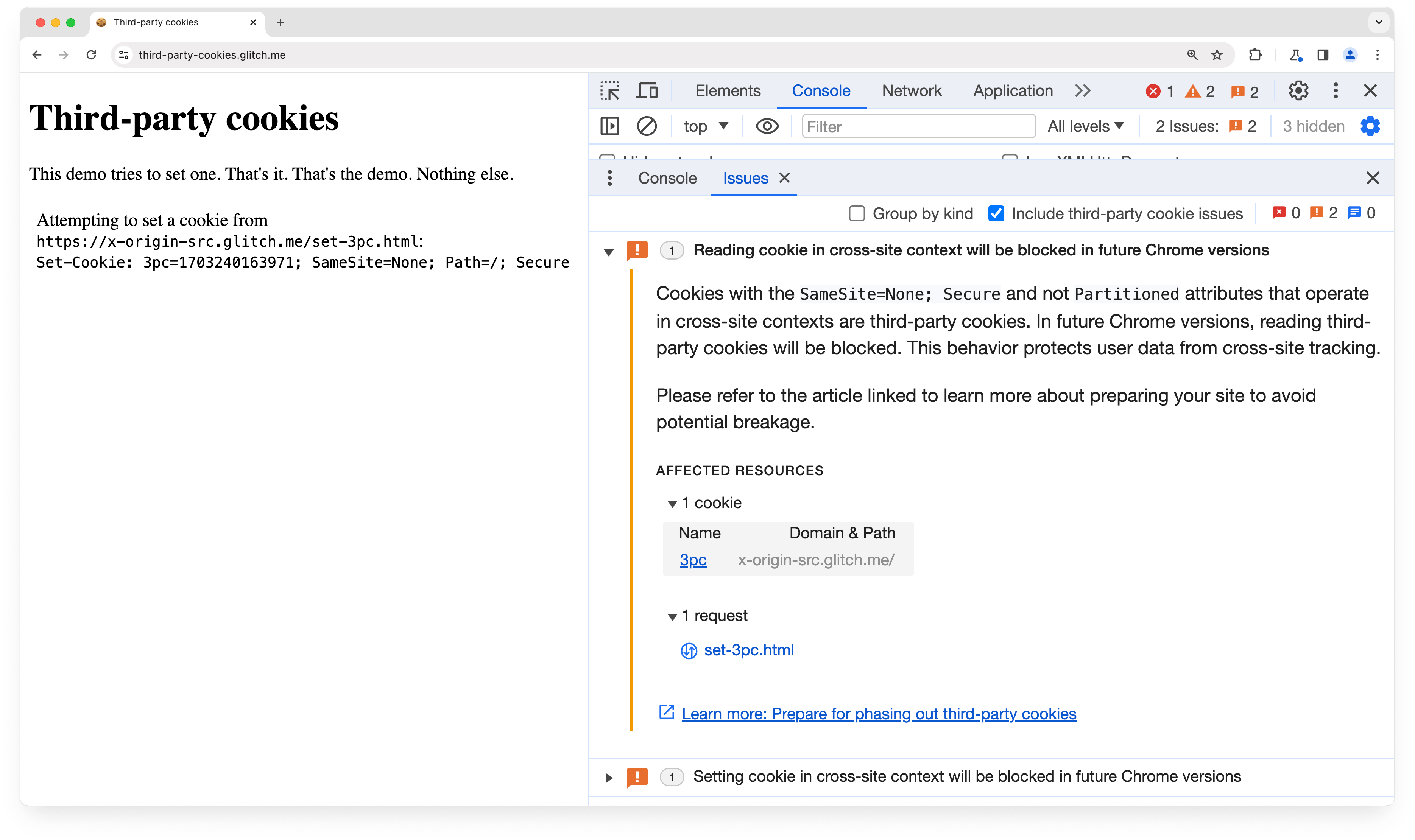 Thẻ Issues (Vấn đề) của DevTools hiển thị cảnh báo cho cookie SameSite=None.