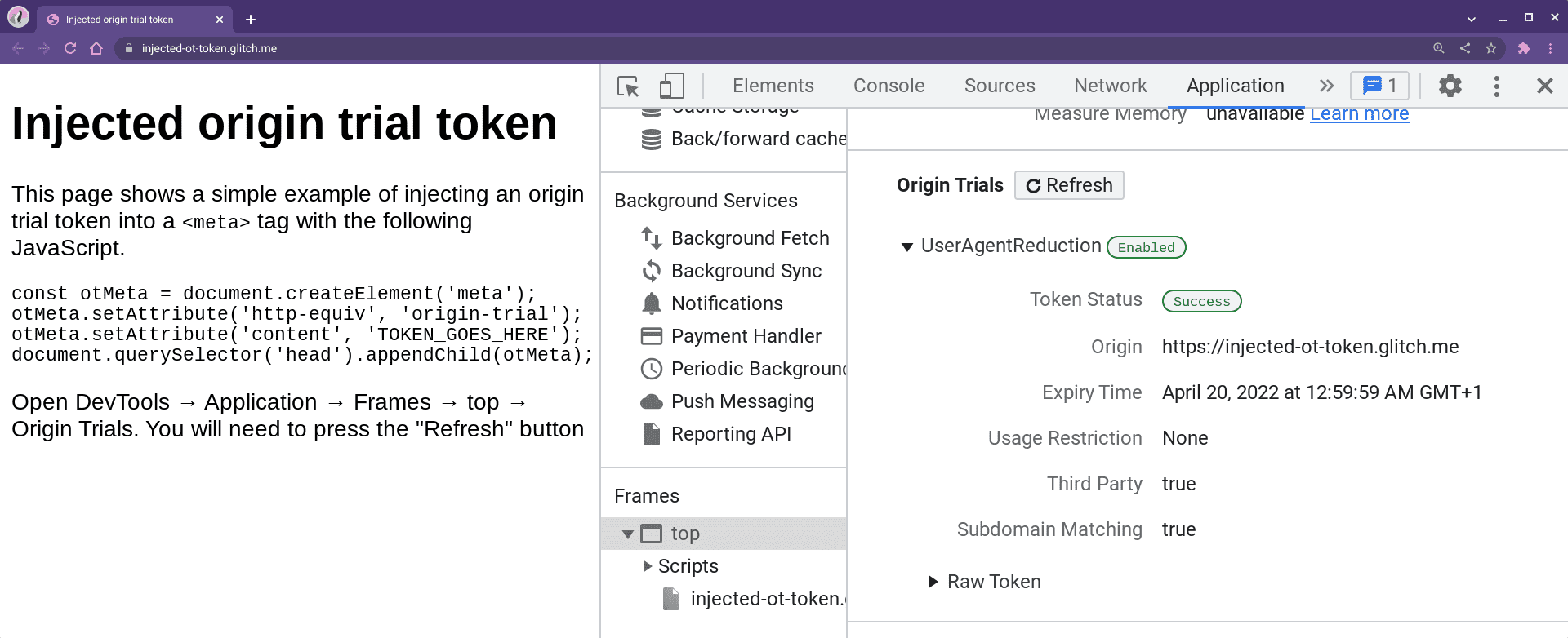 DevTools yang menampilkan status uji coba origin di bagian Aplikasi