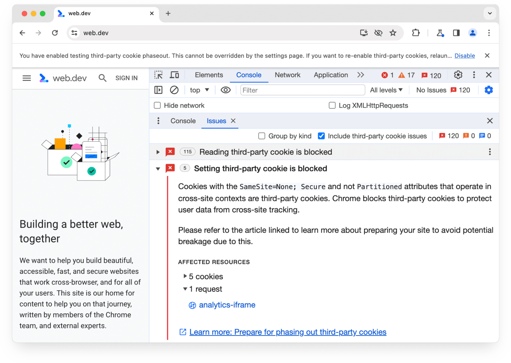 Chrome DevTools की समस्याओं वाले पैनल में, तीसरे पक्ष की पांच कुकी के बारे में चेतावनी दी गई है. इन कुकी को एक अनुरोध की वजह से ब्लॉक कर दिया गया है.