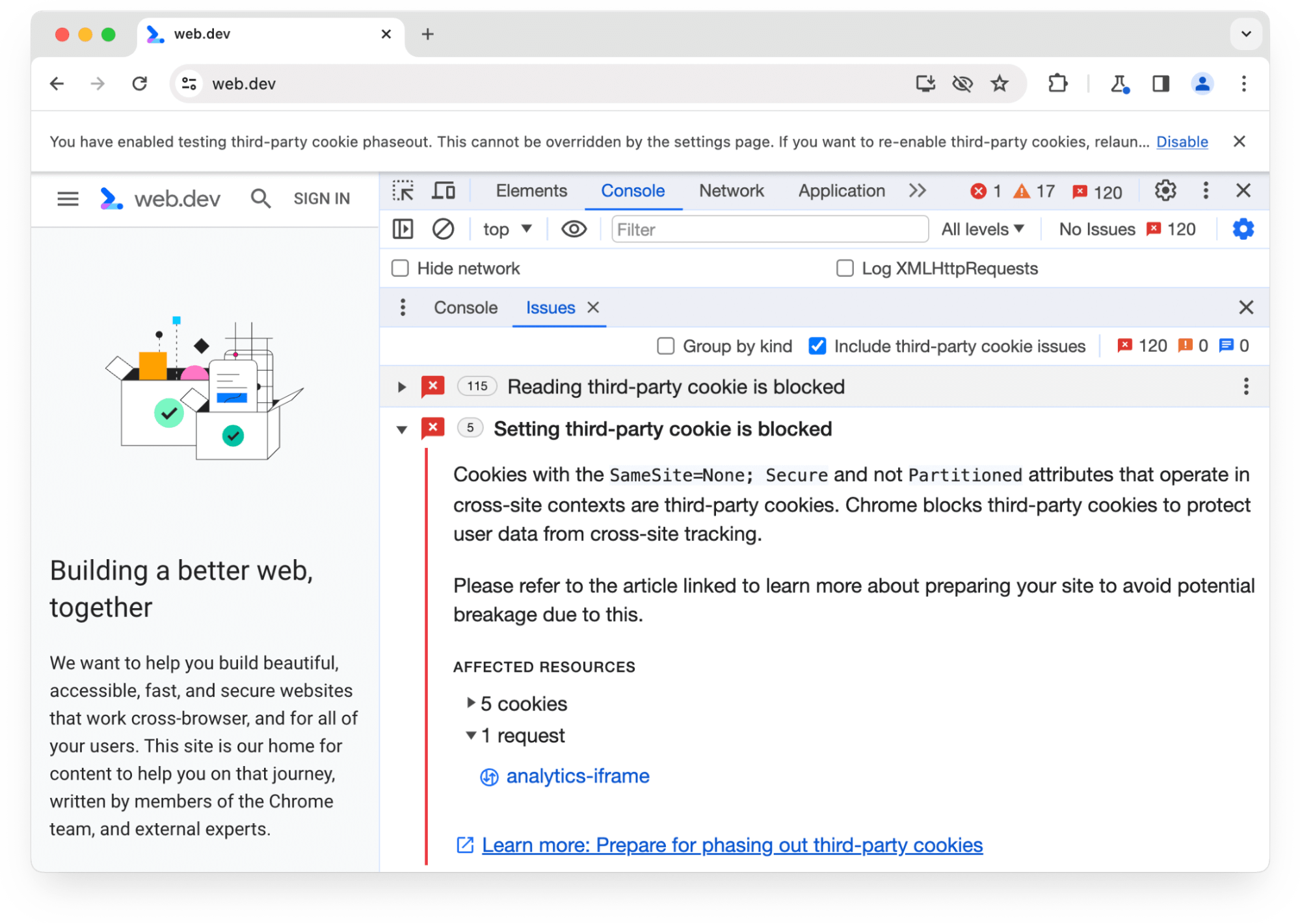 Aviso do painel &quot;Problemas&quot; do Chrome DevTools sobre cinco cookies de terceiros que foram bloqueados em 1 solicitação.