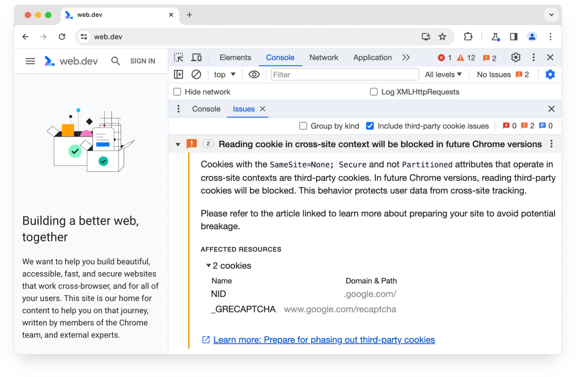 Avviso del riquadro Problemi di Chrome DevTools relativo a due cookie di terze parti che verranno bloccati nelle versioni future di Chrome.