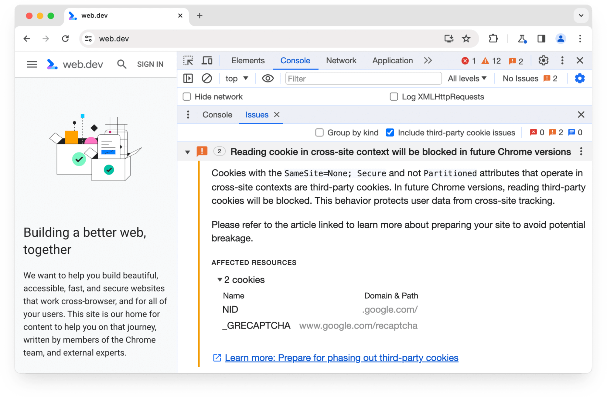 Chrome DevTools की समस्याओं वाले पैनल में, तीसरे पक्ष की उन दो कुकी के बारे में चेतावनी दी गई है जिन्हें Chrome के आने वाले वर्शन में ब्लॉक कर दिया जाएगा.