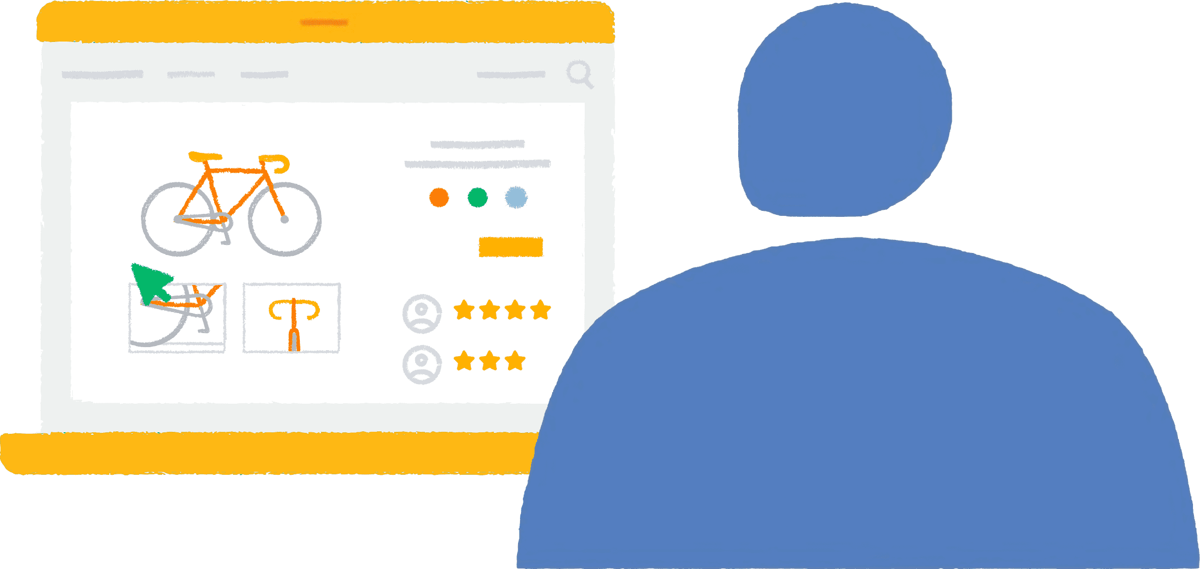 Ilustración que muestra a una persona visitando el sitio de un fabricante de bicicletas personalizadas en un navegador con su laptop.