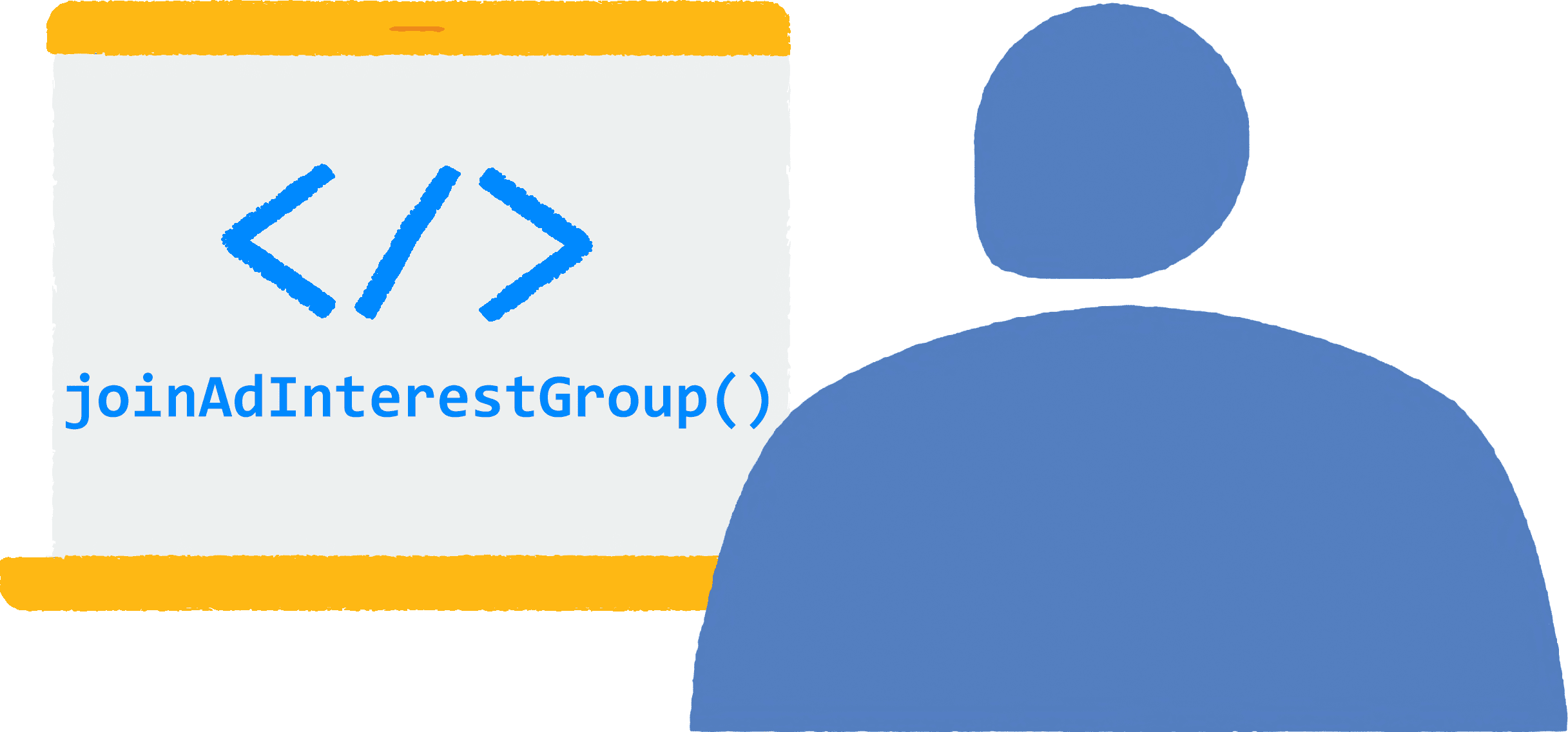 ノートパソコンのブラウザでサイトを閲覧している人のイラスト。ブラウザで JavaScript コードの JoinAdInterestGroup() が実行されている。