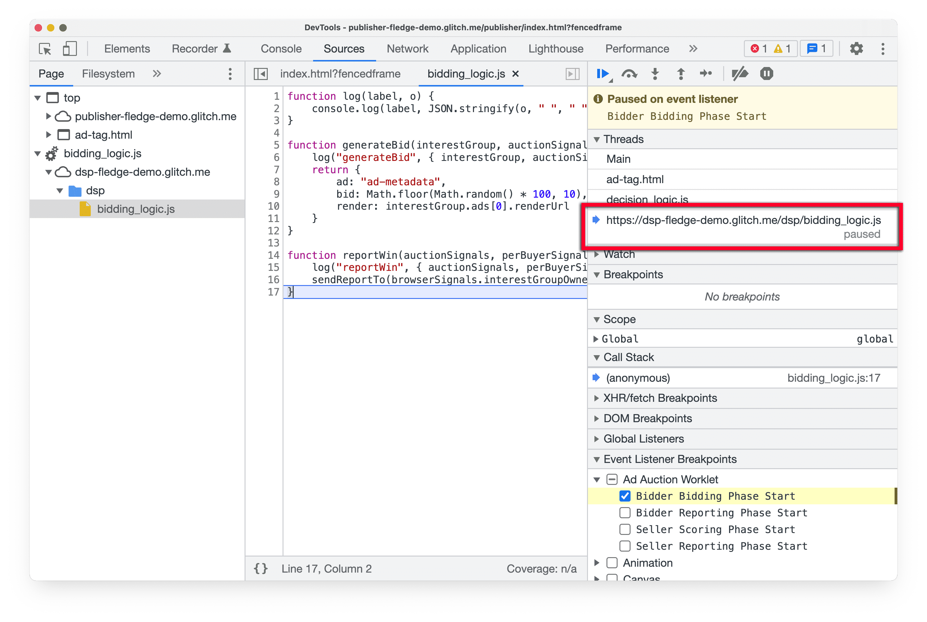 Captura de tela do
DevTools no Chrome Canary, destacando o painel &quot;Threads&quot; no painel &quot;Sources&quot;, mostrando o script
de worklet atual que foi pausado.