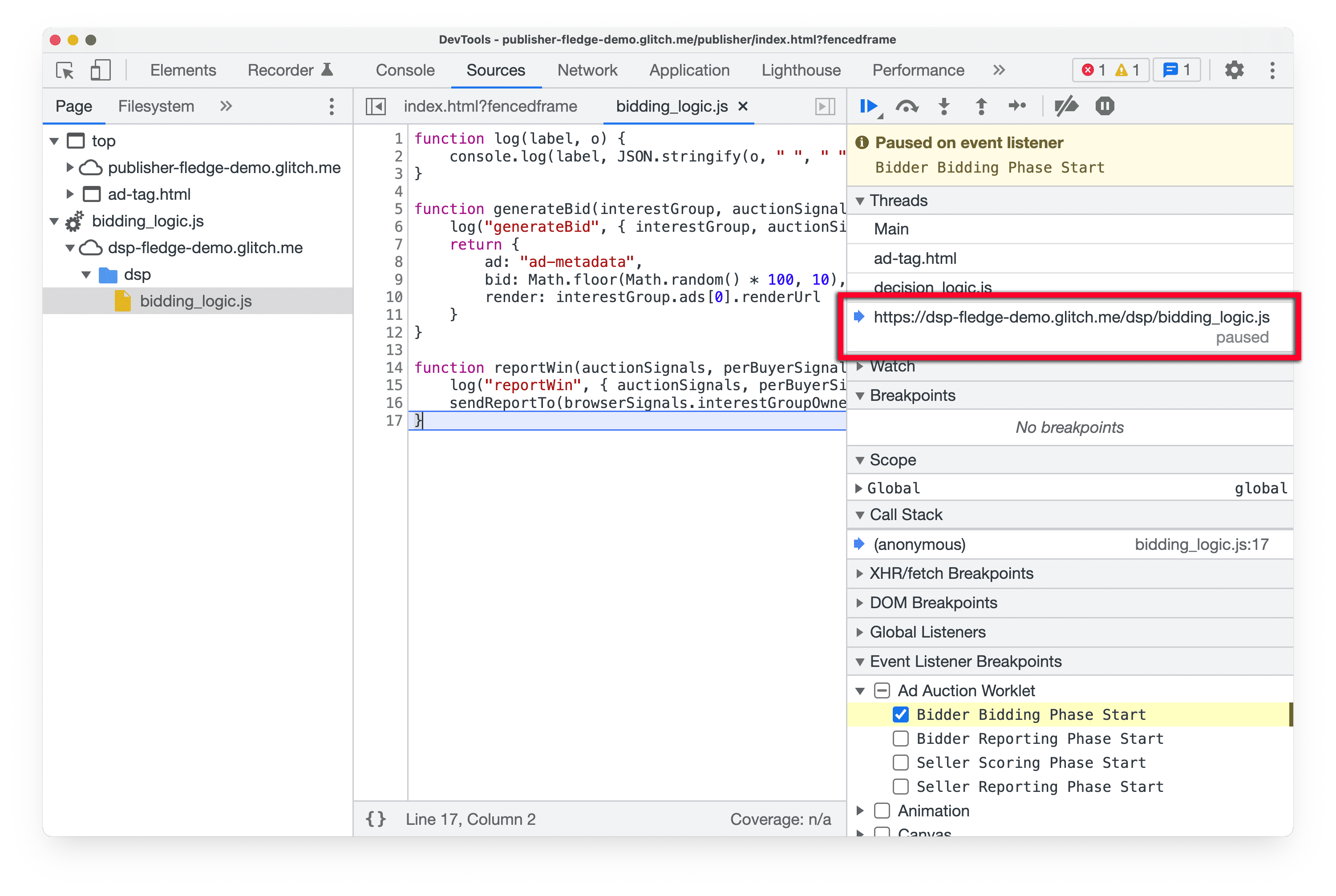 Screenshot von
DevTools in Chrome Canary. Im Bereich „Quellen“ ist der Bereich „Threads“ markiert, in dem die aktuellen
Worklet-Skript, das pausiert wurde.