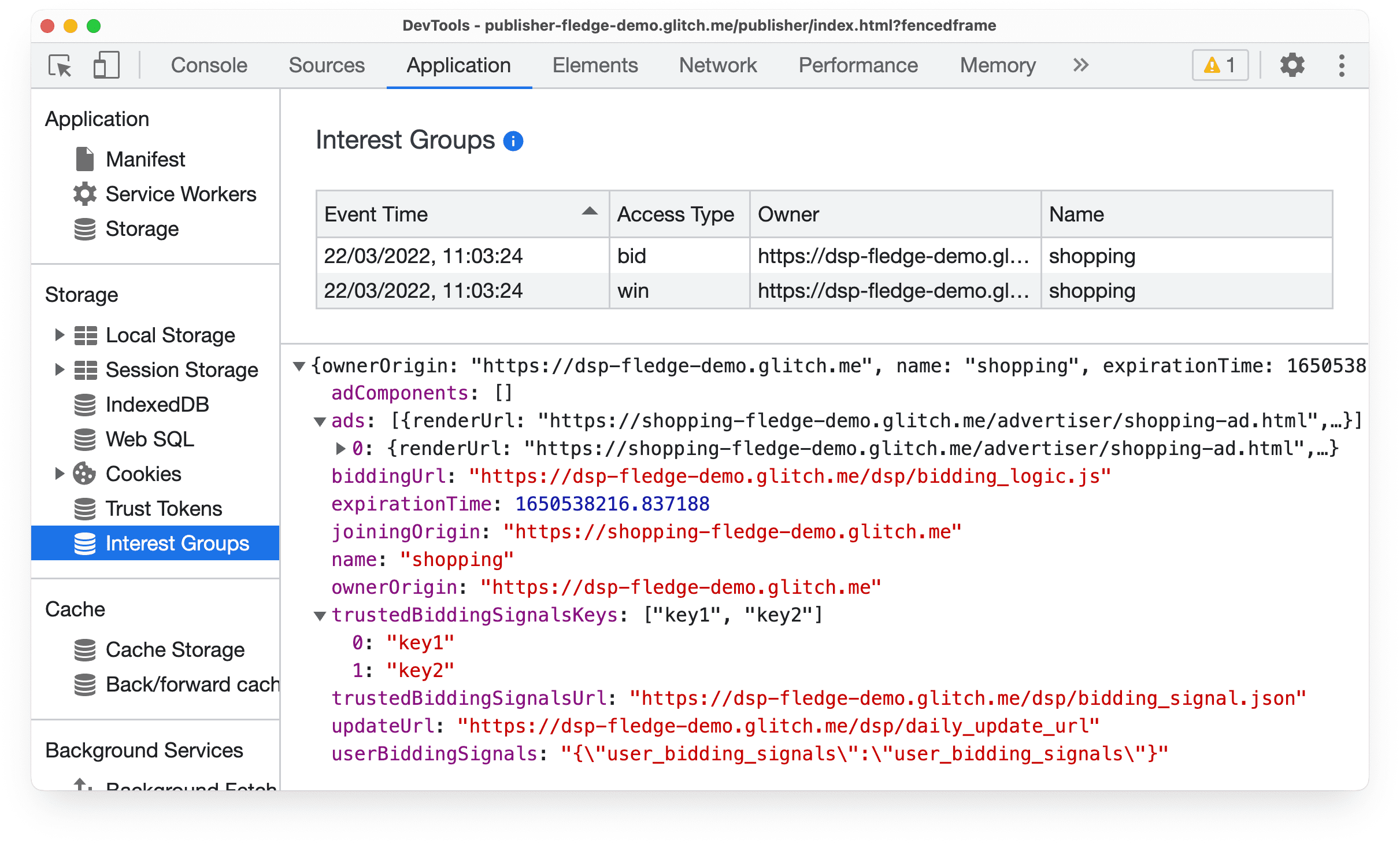 Chrome Canary の DevTools の [Application] パネル。Protected Audience オークションの入札と落札イベントに関する情報が表示されています。