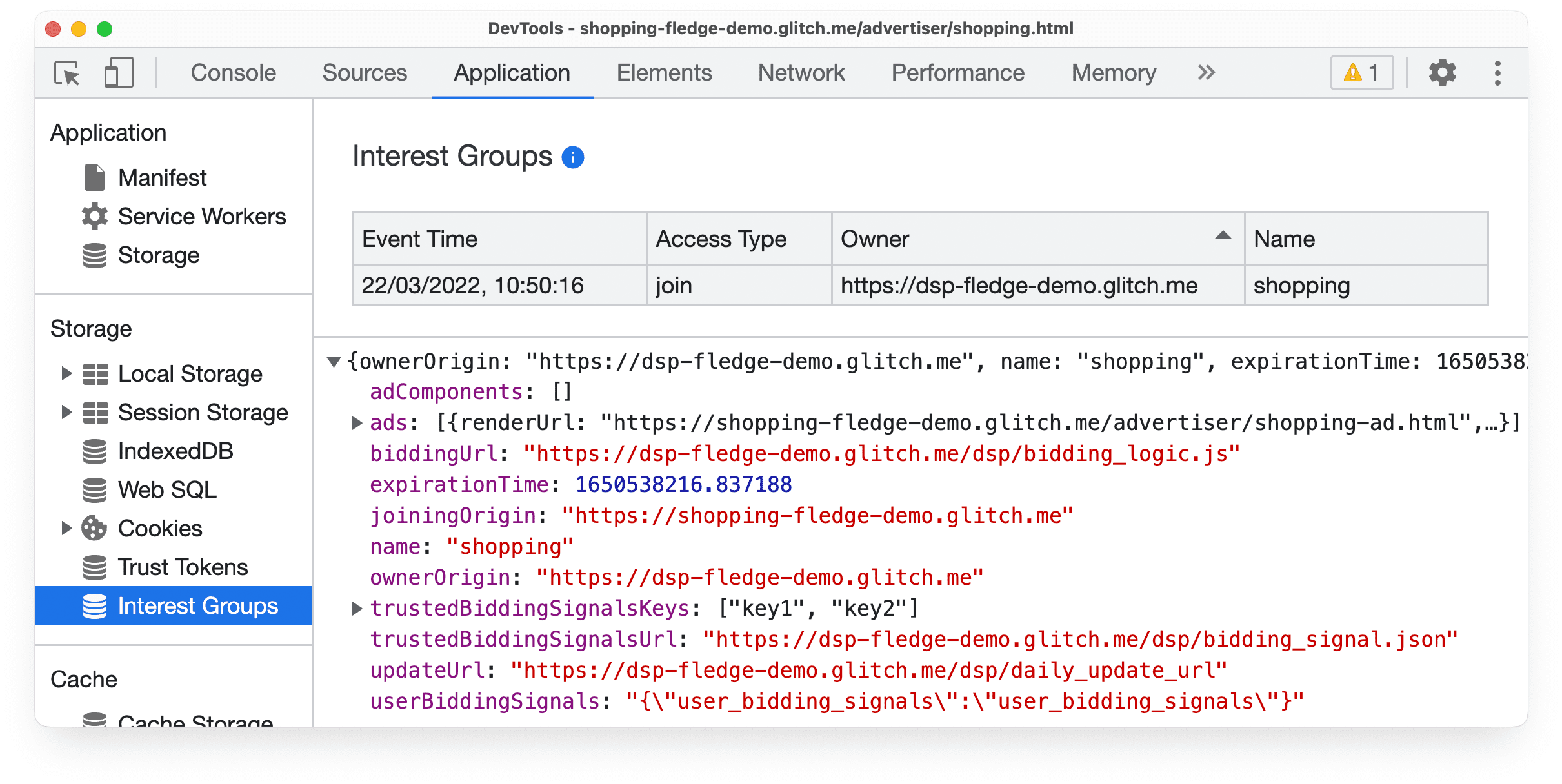 Chrome कैनरी में
   DevTools ऐप्लिकेशन का पैनल, जो सुरक्षित ऑडियंस की दिलचस्पी वाले ग्रुप में शामिल होने के
   इवेंट के बारे में जानकारी दिखा रहा है.