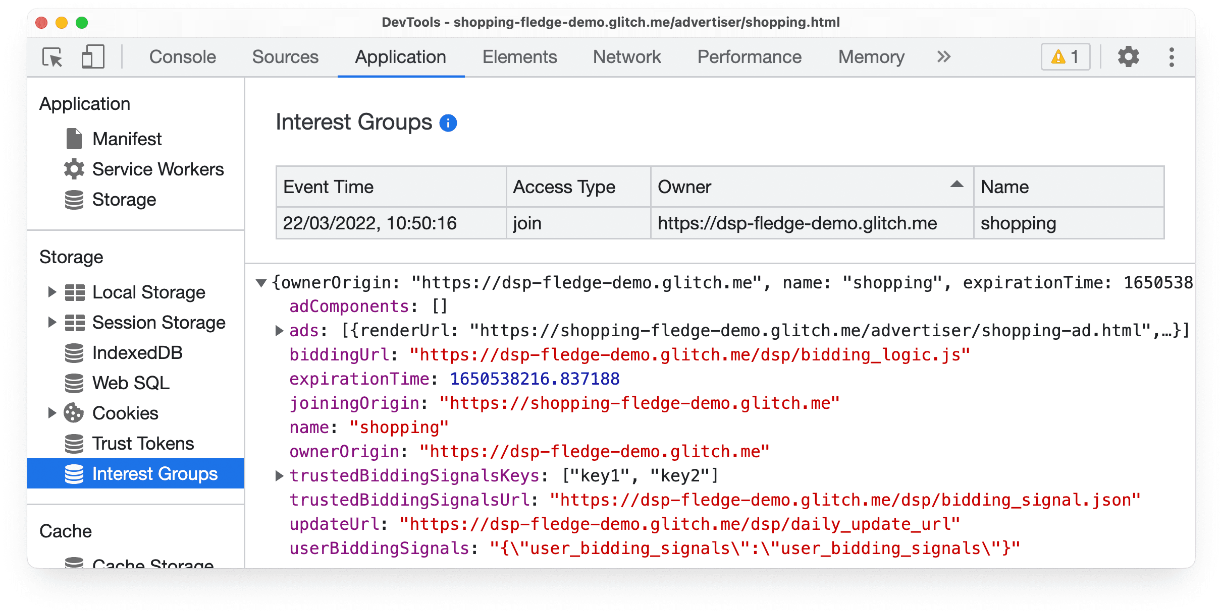 Panel aplikacji w Narzędziach deweloperskich w Chrome Canary z informacjami o zdarzeniu dołączenia do grupy zainteresowań Protected Audience API.