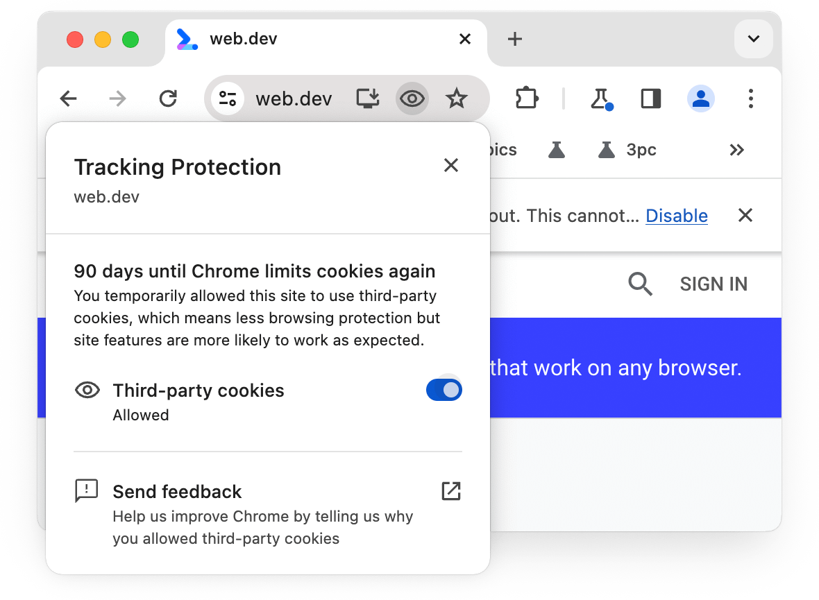 Diálogo de protección contra seguimiento con el botón de activación Cookies de terceros establecido en Permitida y un aviso de que se permitirá durante 90 días.