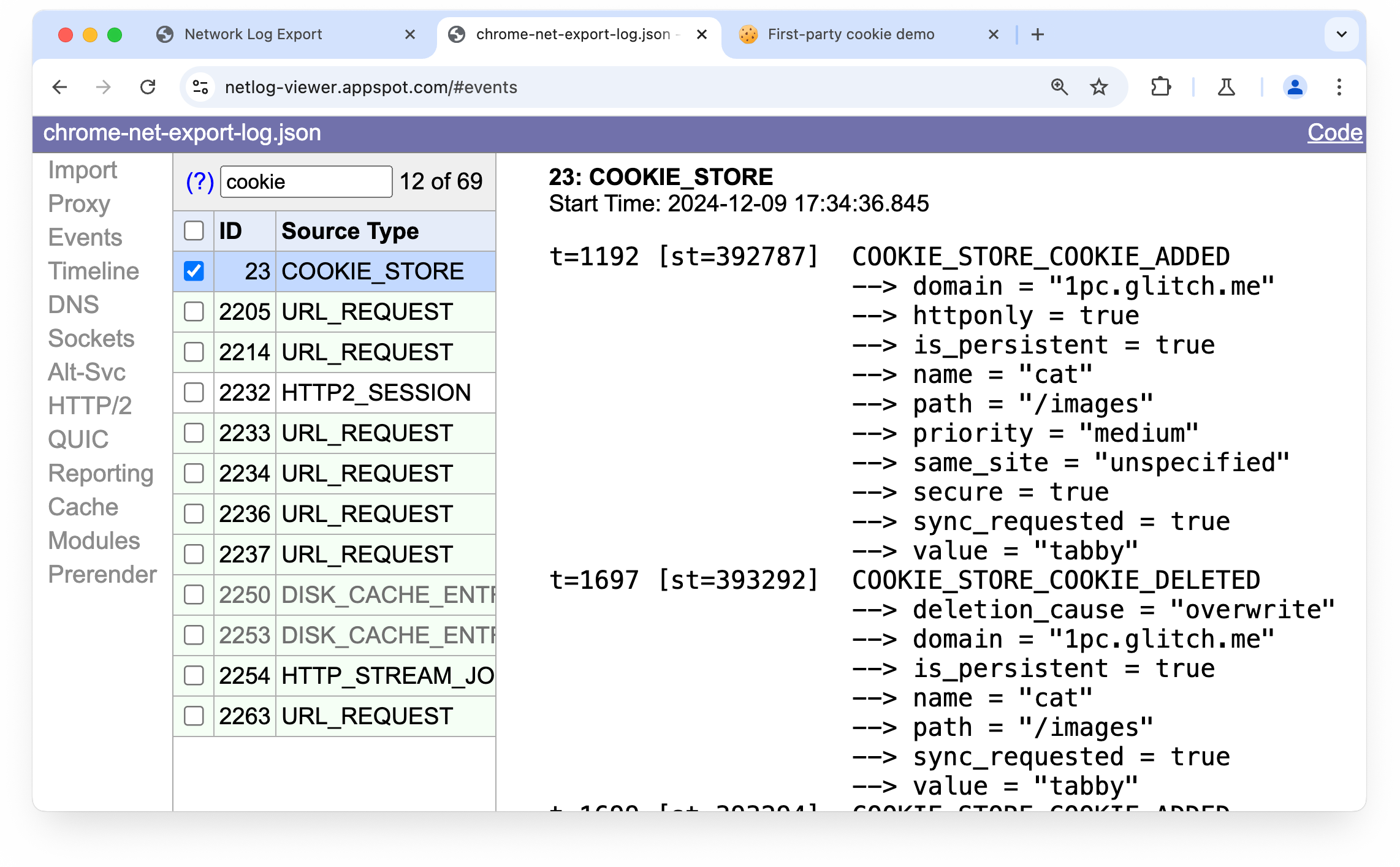 Вывод chrome://net-export, просматриваемый в средстве просмотра сетевых журналов