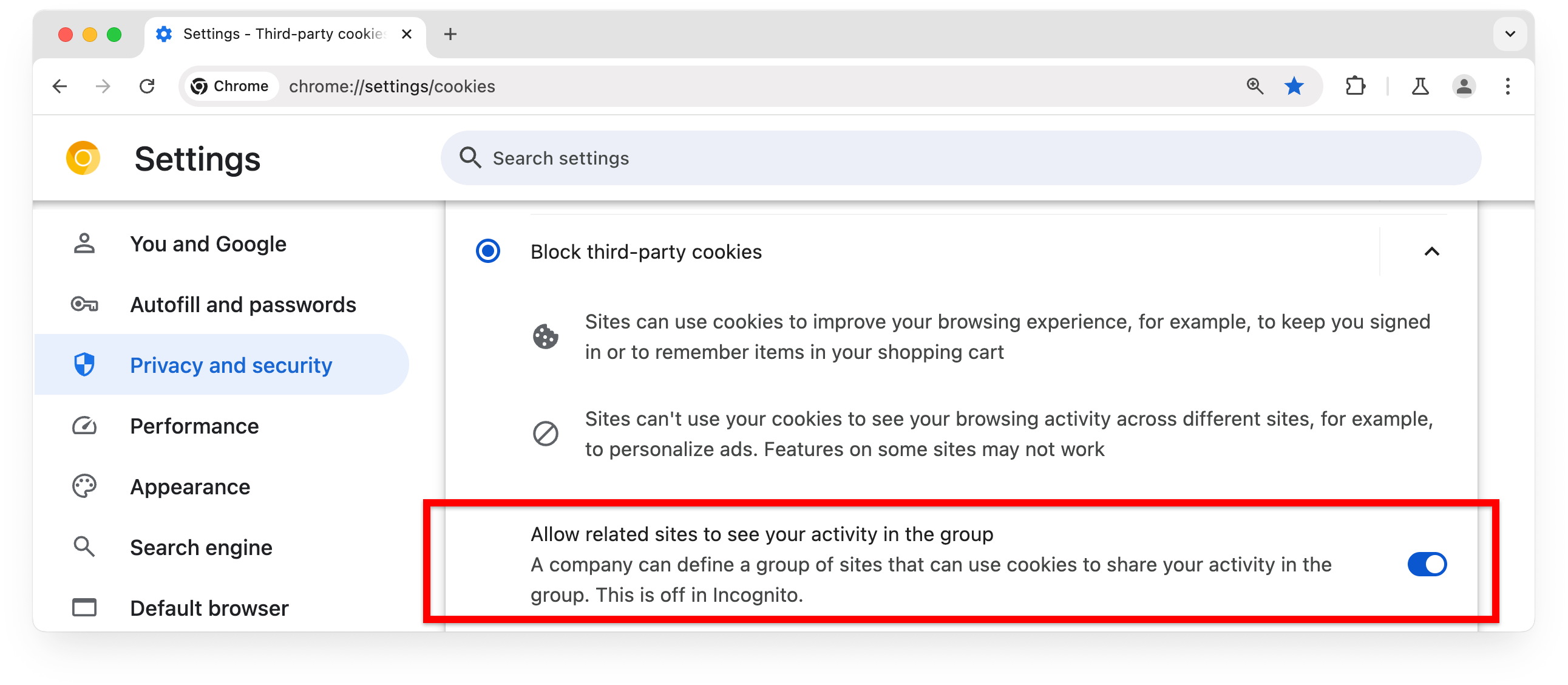 chrome://settings، تعرض طريقة السماح بمجموعات المواقع الإلكترونية المرتبطة في حال حظر ملفات تعريف الارتباط التابعة لجهات خارجية