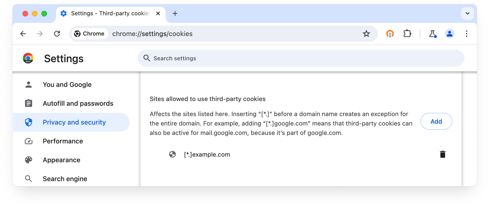 chrome://settings/cookies: المواقع الإلكترونية التي يُسمح لها باستخدام ملفات تعريف الارتباط التابعة لجهات خارجية