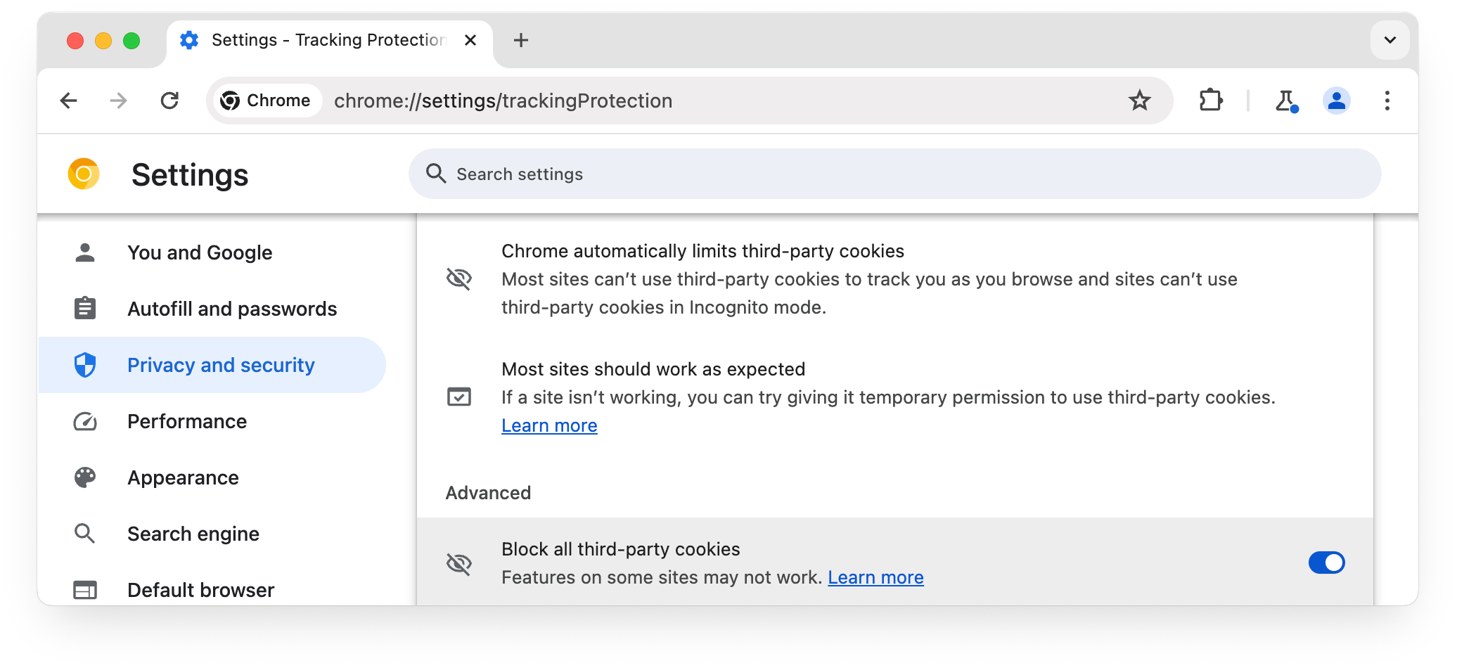 Página chrome://settings/trackingProtection, bloquear todos os cookies de terceiros selecionado