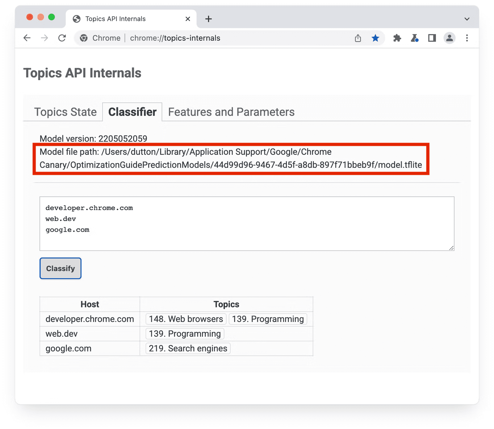 chrome://topics-internals page with Classifier panel selected and tflite file path highlighted.