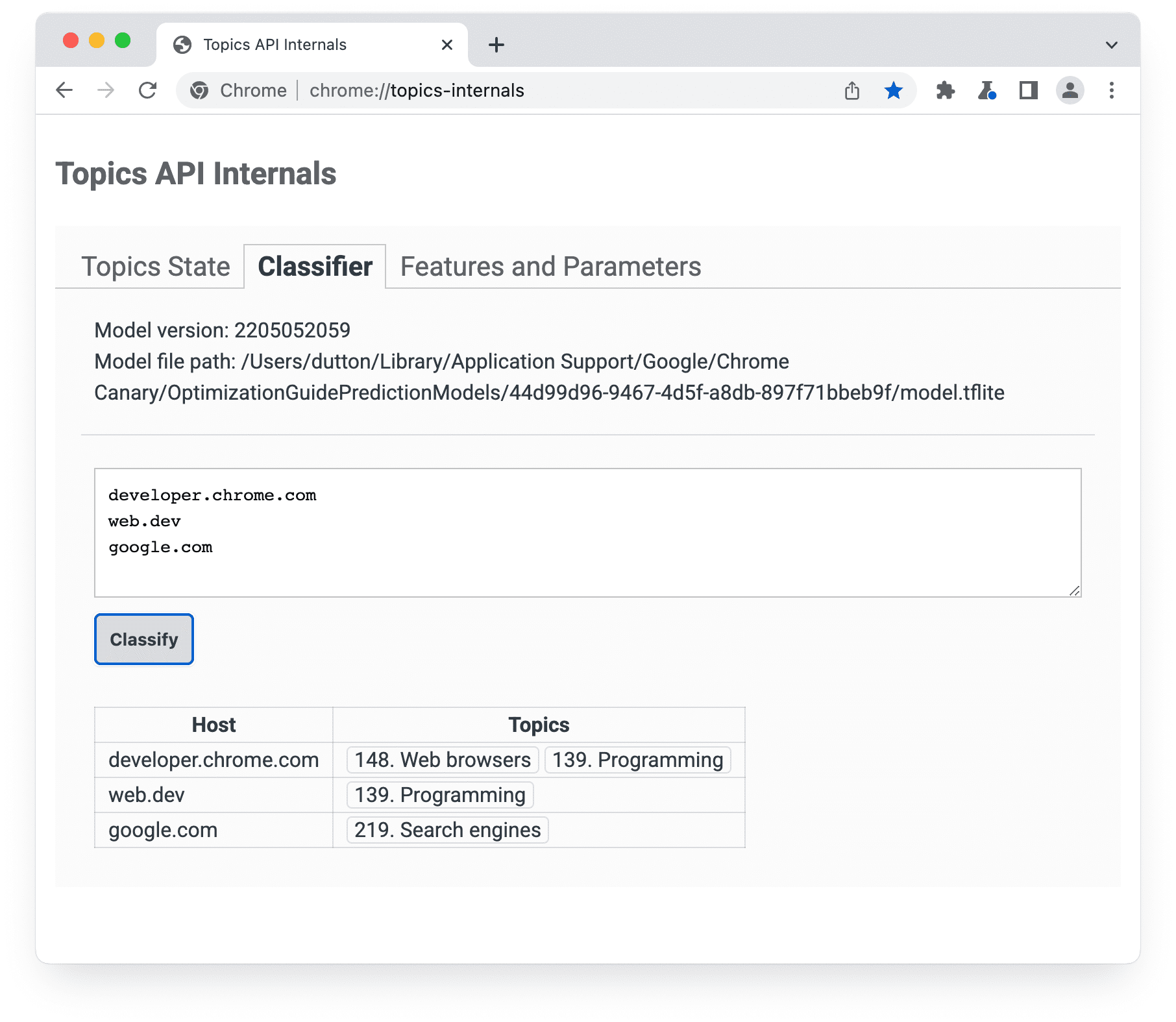 صفحه chrome://topics-internals با پانل Classifier انتخاب شده است.