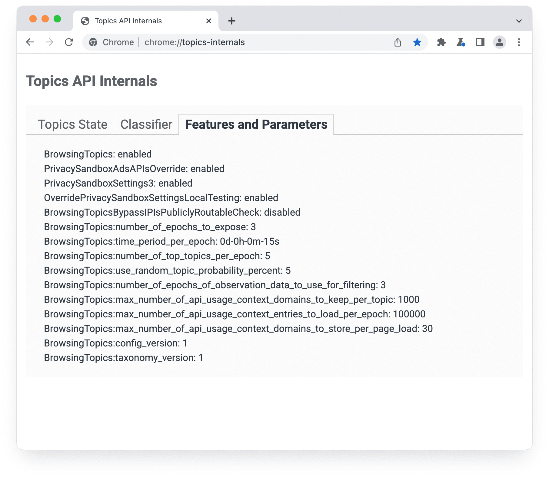 หน้า chrome://topics-internals ที่เลือกแผงฟีเจอร์และพารามิเตอร์