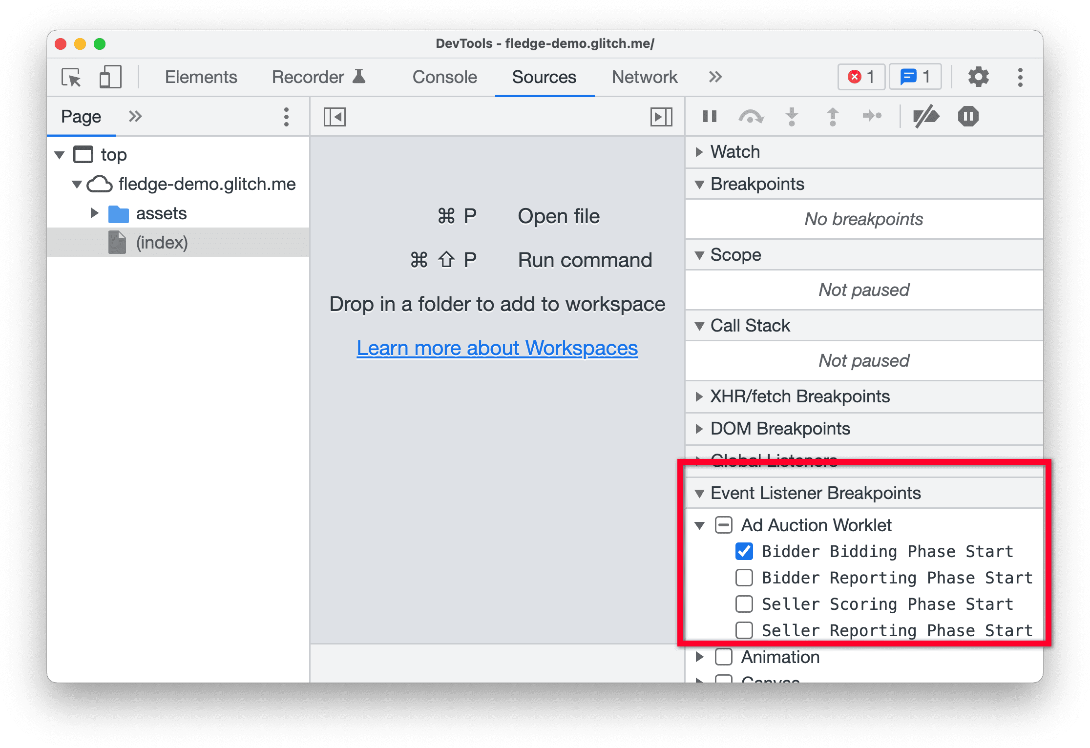 DevTools en Chrome Canary, en el que se destaca el panel Breakpoints del objeto de escucha de eventos en el panel Sources La opción Comienzo de la fase de oferta por el ofertante se selecciona en la worklet de subasta de anuncios.