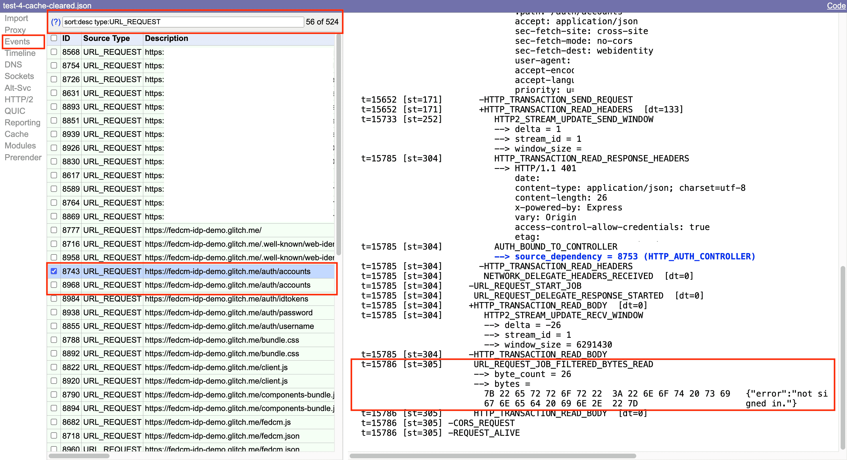 Net-export 도구 인터페이스: 응답 본문에 오류 메시지가 포함된 로그입니다.