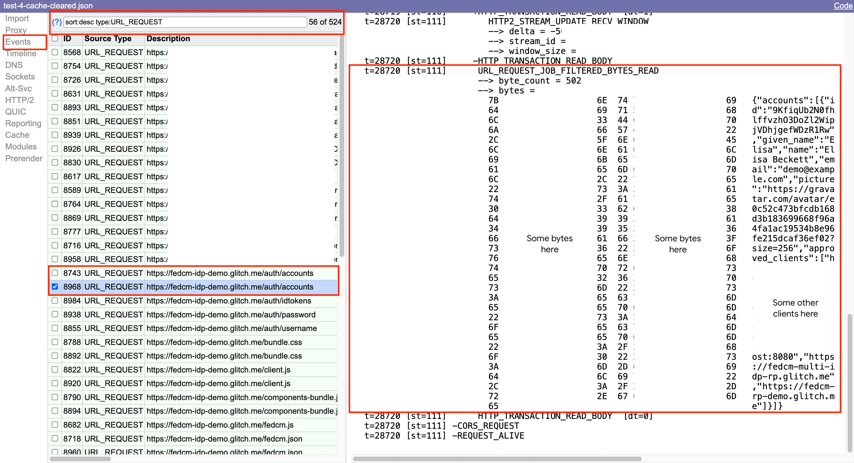 Net-export ツールのインターフェース: レスポンス本文にアカウント データを含むログ。