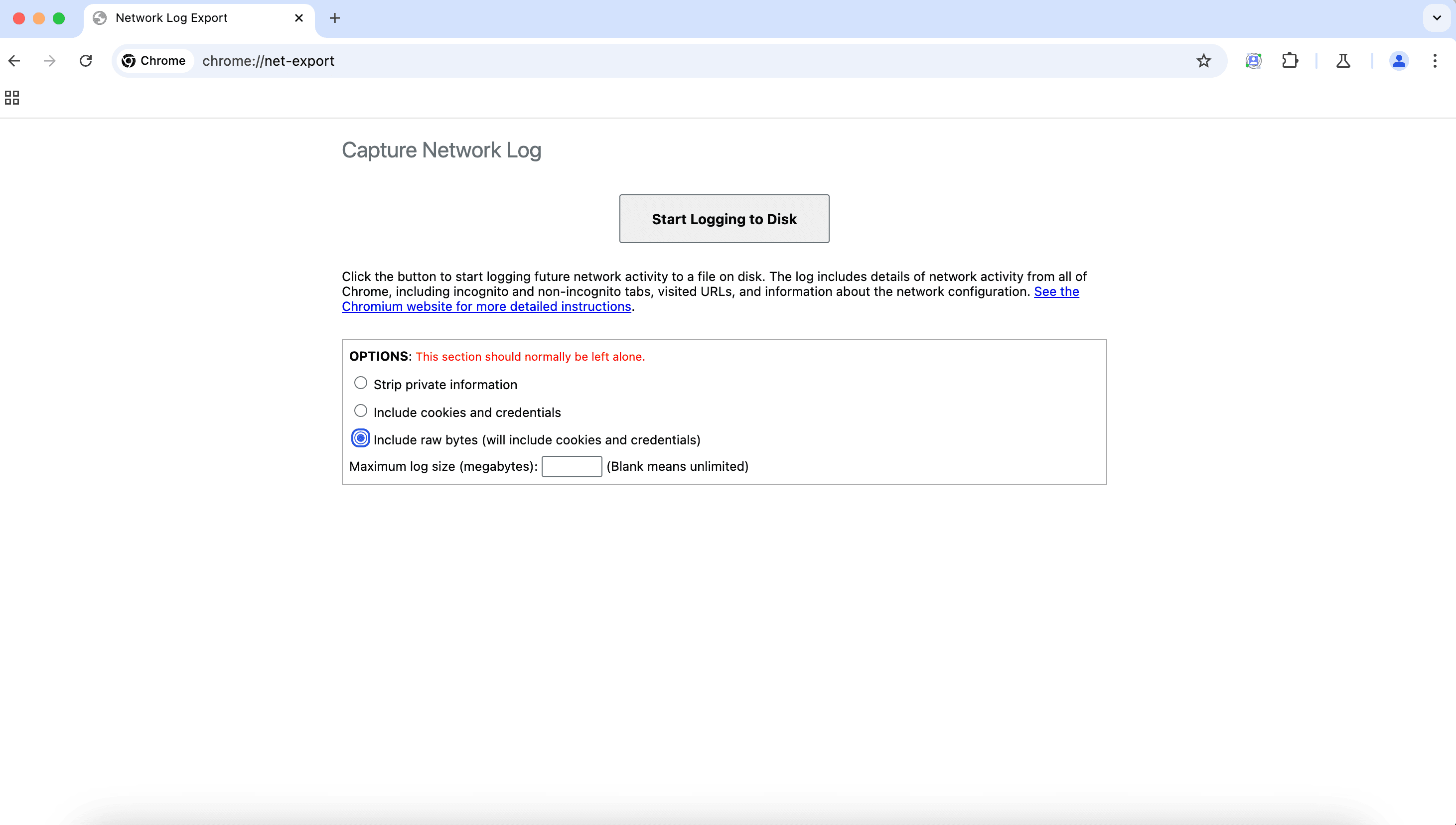 Interface de l&#39;outil Net-export: le bouton &quot;Stat Logging to Disk&quot; (Journalisation des statistiques sur le disque) est visible et la case &quot;Include raw bytes&quot; (Inclure les octets bruts) est cochée.