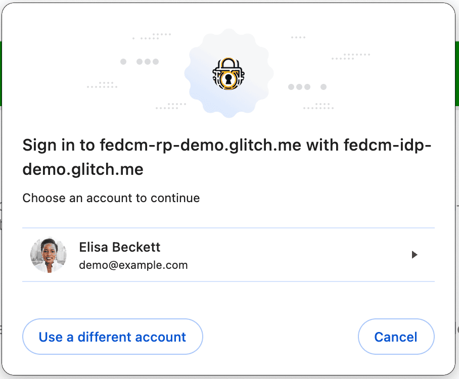 FedCM active mode dialog displaying a button 'Use a different account'.