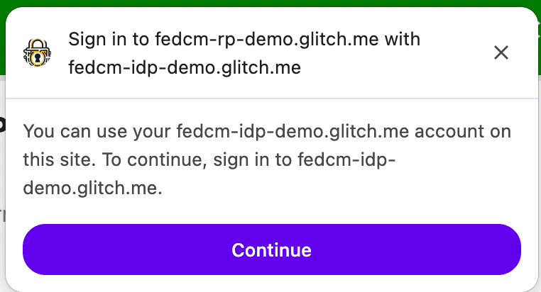 FedCM：不相符的 UI 會提示使用者透過 IdP 登入 RP。