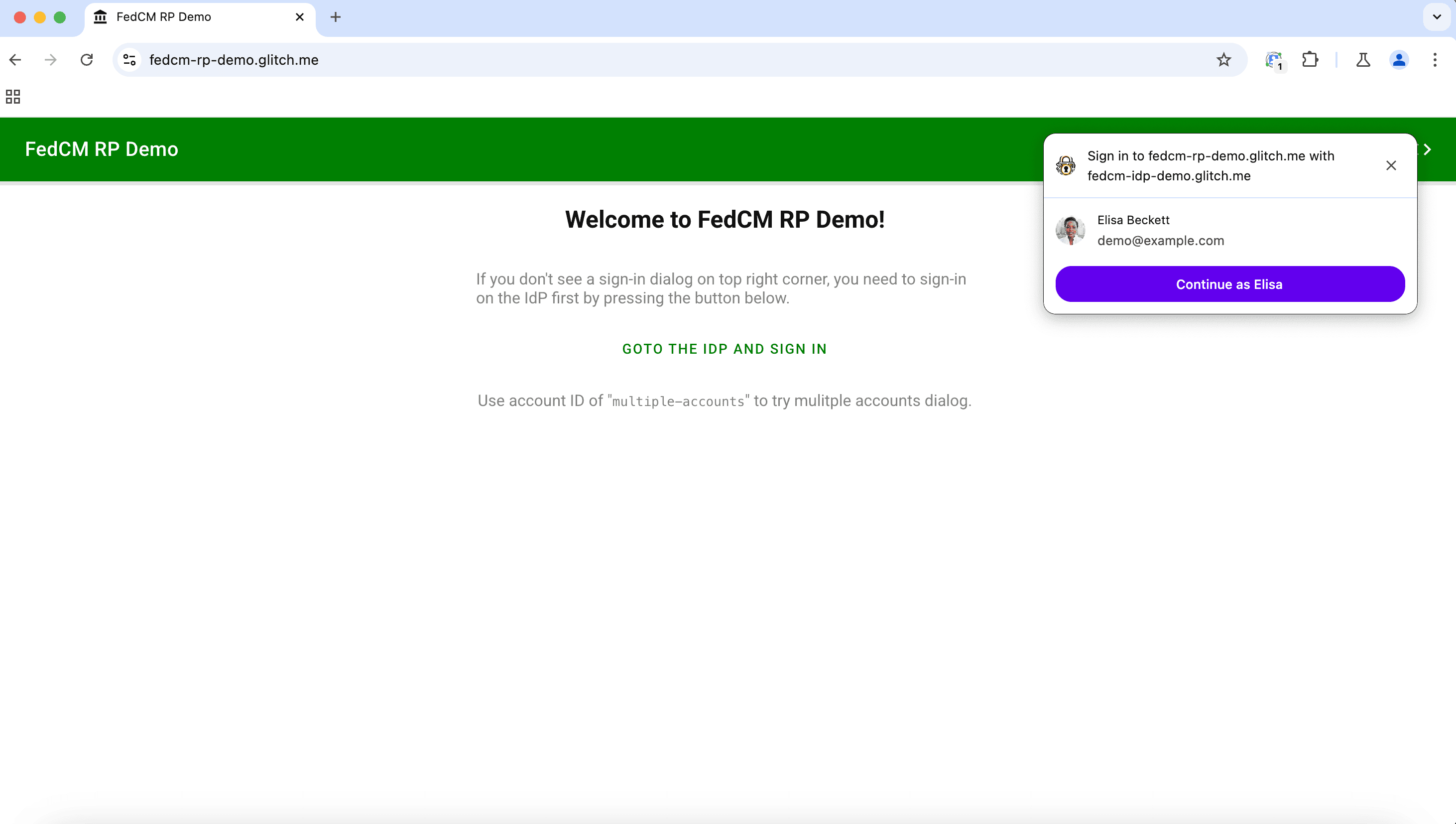 A FedCM sign-in passive mode dialog on desktop requesting a user to sign in with their account. The dialog contains a branding icon and options to log in to the RP with the current account provided by the IdP, or cancel. The dialog appears on the top left side of the browser tab.