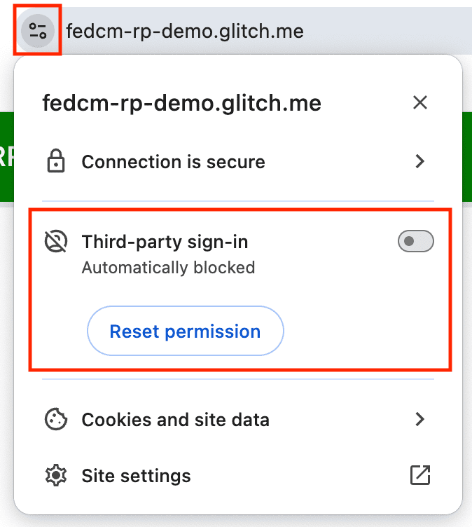 [サードパーティによるログイン] をオンにして、URL バーで FedCM を有効にする