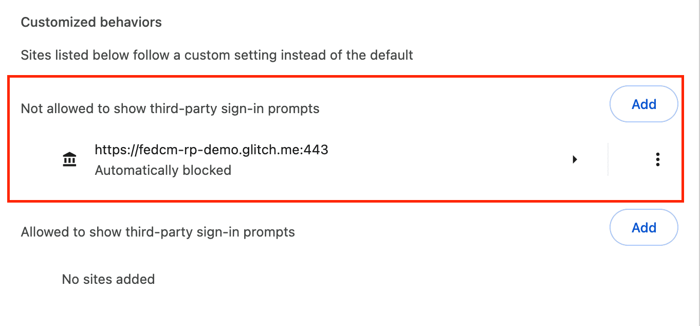 UI displaying the sites that are not allowed to show prompts for third-party sign-in (UI affichant les sites qui ne sont pas autorisés à afficher des invites de connexion tierces)