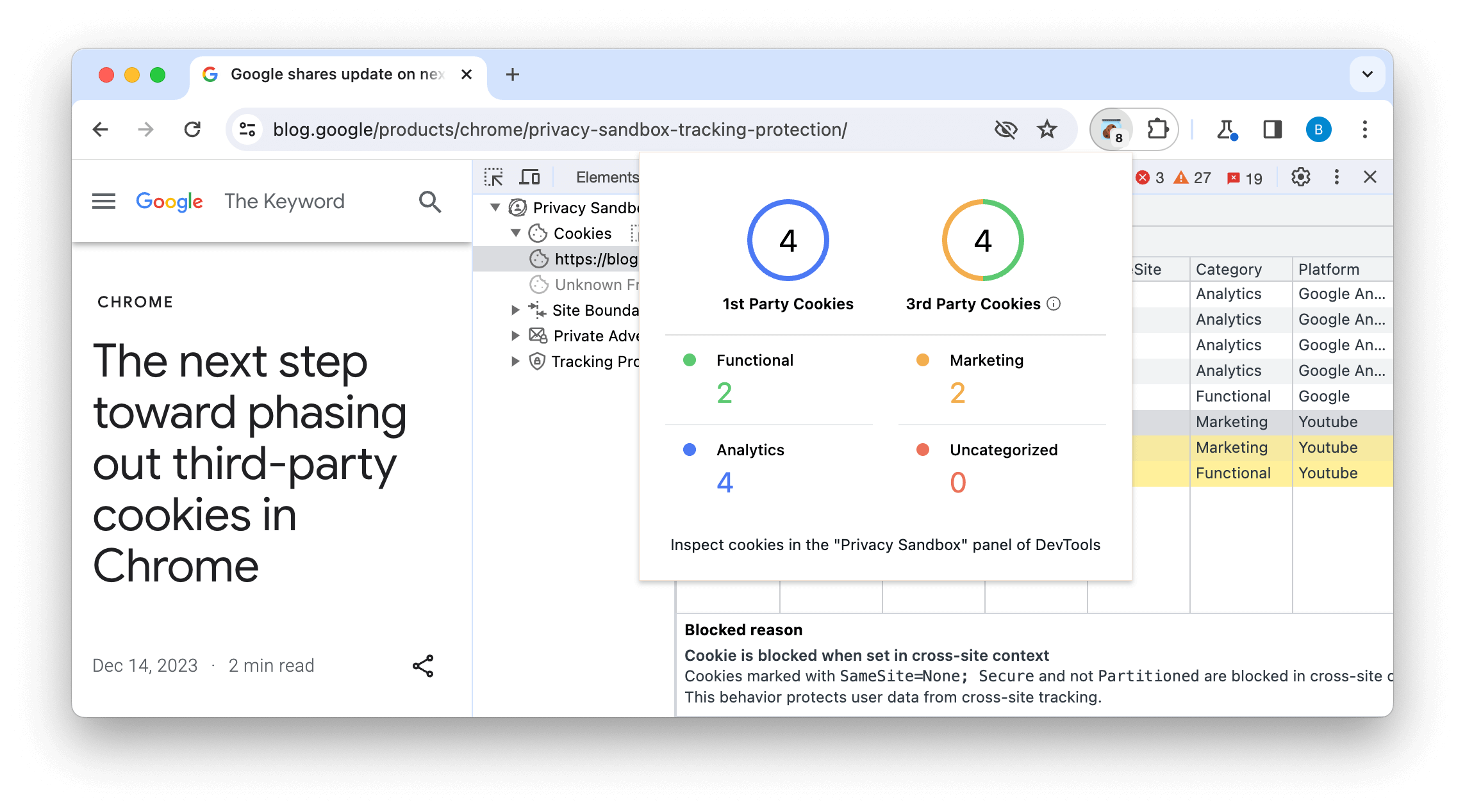 ภาพหน้าจอของเครื่องมือวิเคราะห์ของ Privacy Sandbox (PSAT) ที่แสดงจํานวนและความหลากหลายของคุกกี้ที่ใช้ในโมดัล และรายการคุกกี้ที่อยู่เบื้องหลังพร้อมเหตุผลที่บล็อก