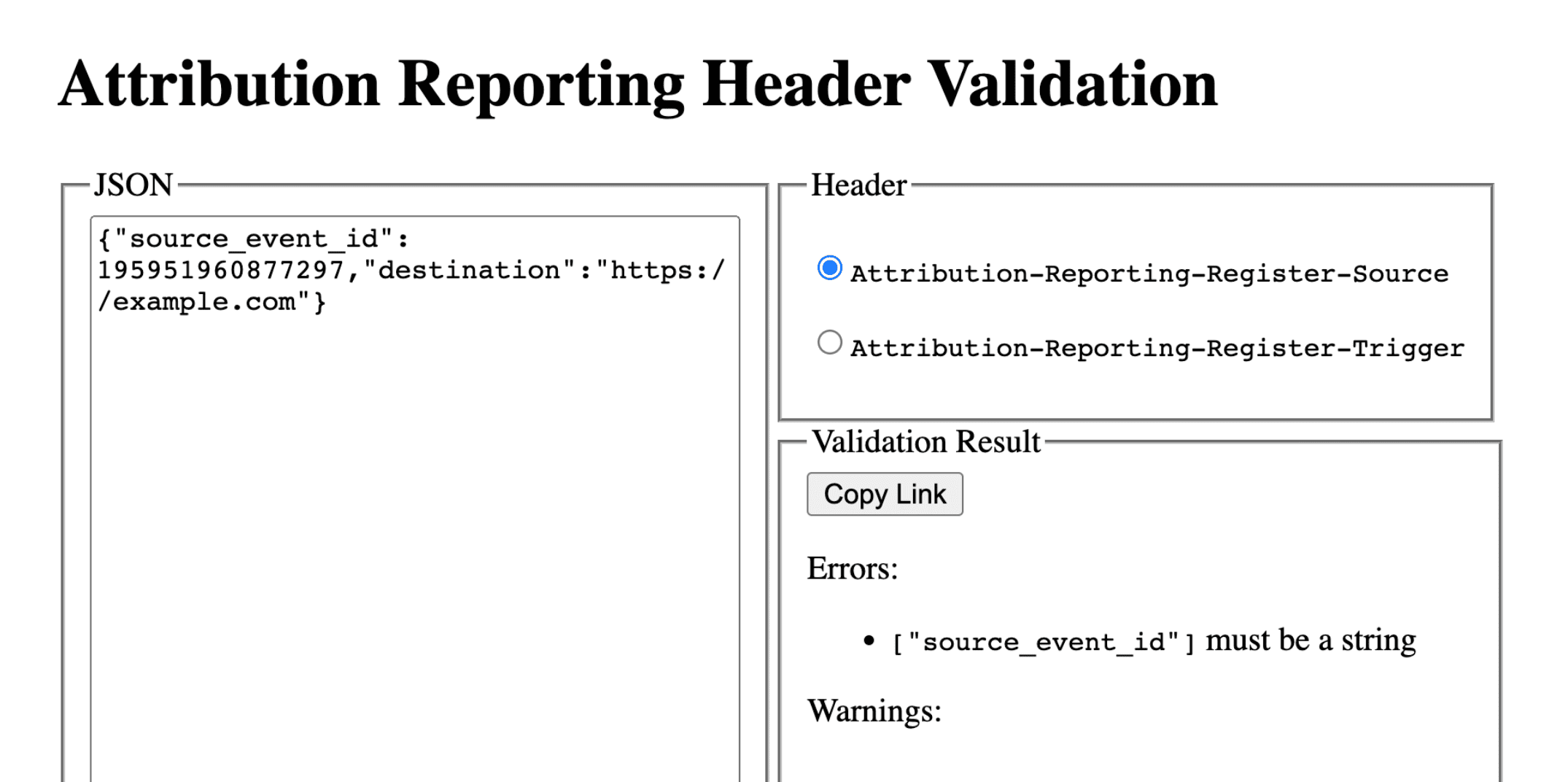 Capture d&#39;écran: outil de validation d&#39;en-tête