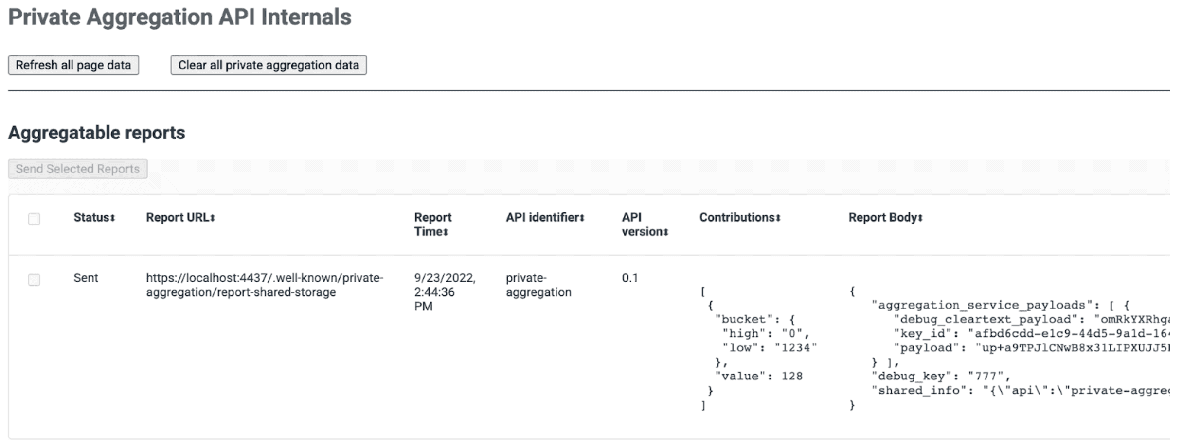 captura de tela da página de elementos internos da API Private Aggregation