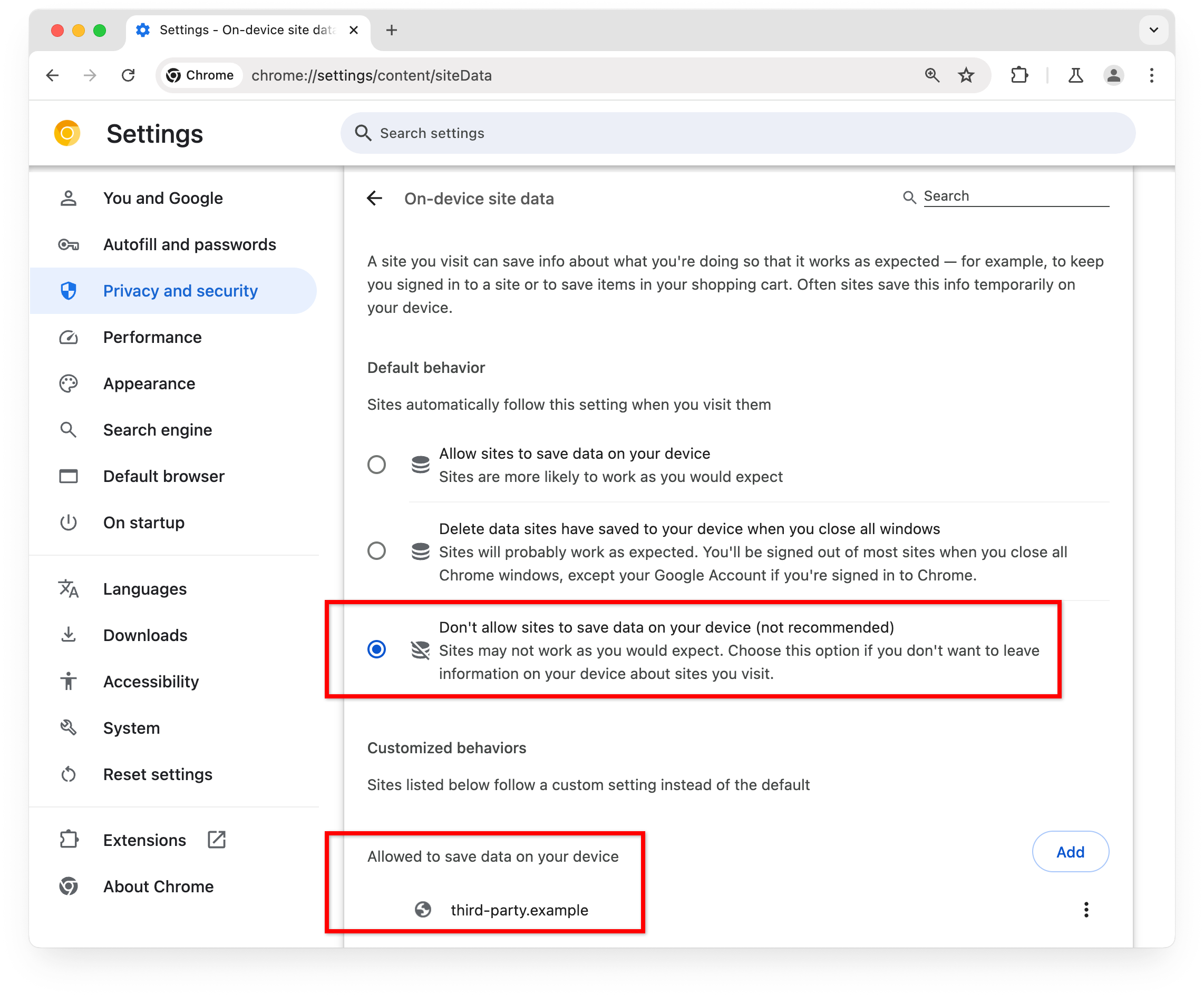 Chrome ayarlar sayfası: Sitelerin cihazıma veri kaydetmesine izin verme seçili. Üçüncü-taraf.example sitesi, cihazınıza veri kaydetmesine izin verilen sitelere eklendi