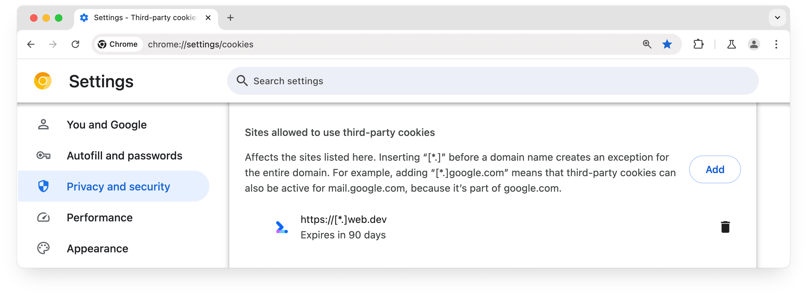 Seite „chrome://settings“ mit Websites, die Drittanbieter-Cookies verwenden dürfen