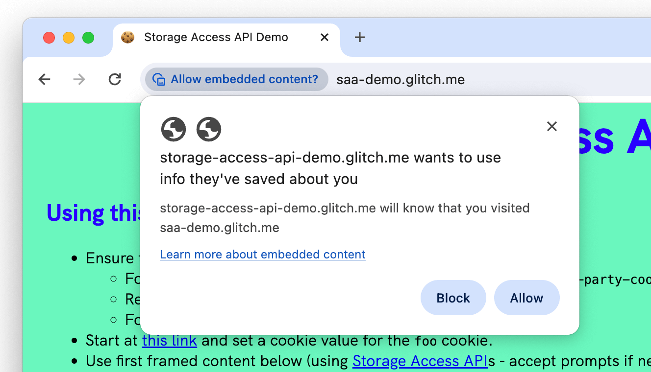 Solicitação de permissão da API Chrome Storage Access